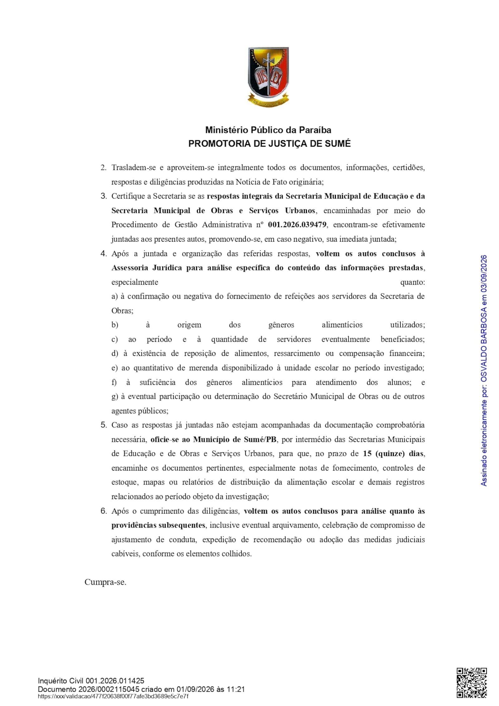 Imagem da matéria: MP investiga possível desvio de merenda escolar para alimentação de trabalhadores em Prefeitura da PB