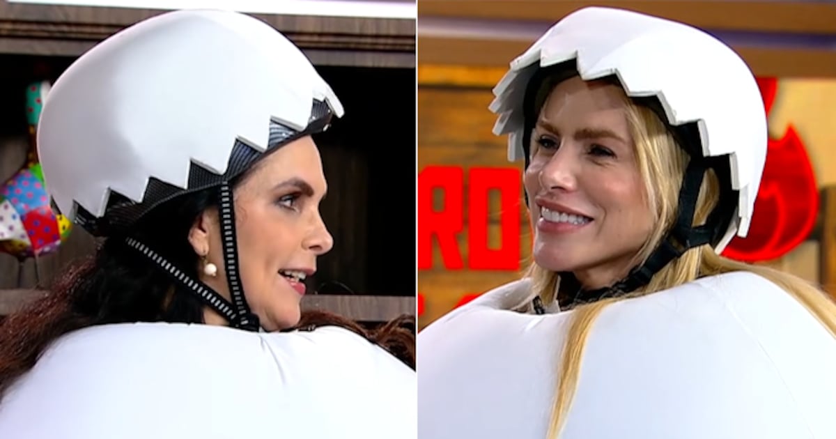 Luiza Ambiel e Erika Schneider entram no clima de A Fazenda 18 e se vestem de ovo no Hoje em Dia