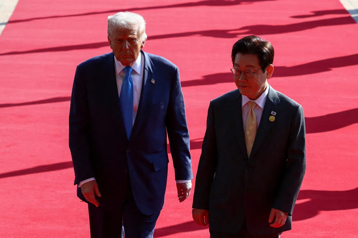 FILE PHOTO: U.S. President Donald Trump meets with South Korean President Lee Jae Myung on the sidelines of the Asia-Pacific Economic Cooperation (APEC) leaders' summit in Gyeongju, South Korea, October 29, 2025. REUTERS/Evelyn Hockstein/File Photo
