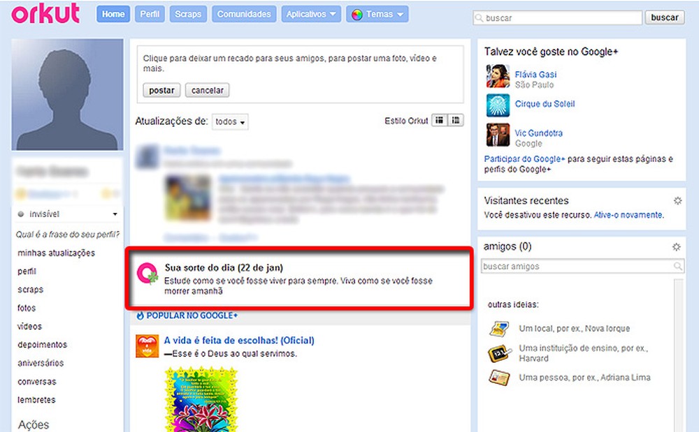 Sorte do dia exibia frases e mensagens positivas na página inicial sempre que o usuário acessava o Orkut — Foto: Reprodução/Orkut