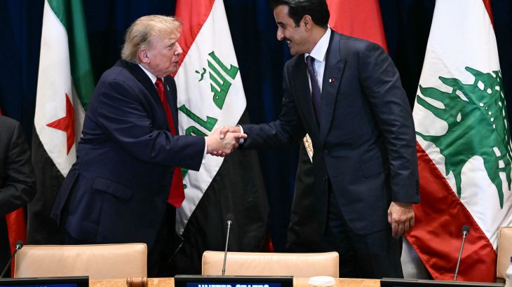 US President Donald Trump shakes hands with Qatar's Emir Sheikh Tamim bin Hamad al-Thani during a Gulf Cooperation Council (GCC) multilateral meeting on the sidelines of the 81st United Nations General Assembly in New York on September 22, 2026. (Photo by Brendan SMIALOWSKI / AFP)