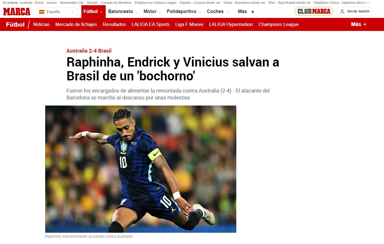 "Salvaram o Brasil de uma vergonha": jornal espanhol destaca atuações de Endrick, Vini Jr. e Raphinha