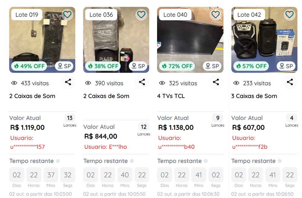 Há lotes de TVs TCL saindo por R$ 1.138 e caixas de som por R$ 607 — Foto: Reprodução/Kwara