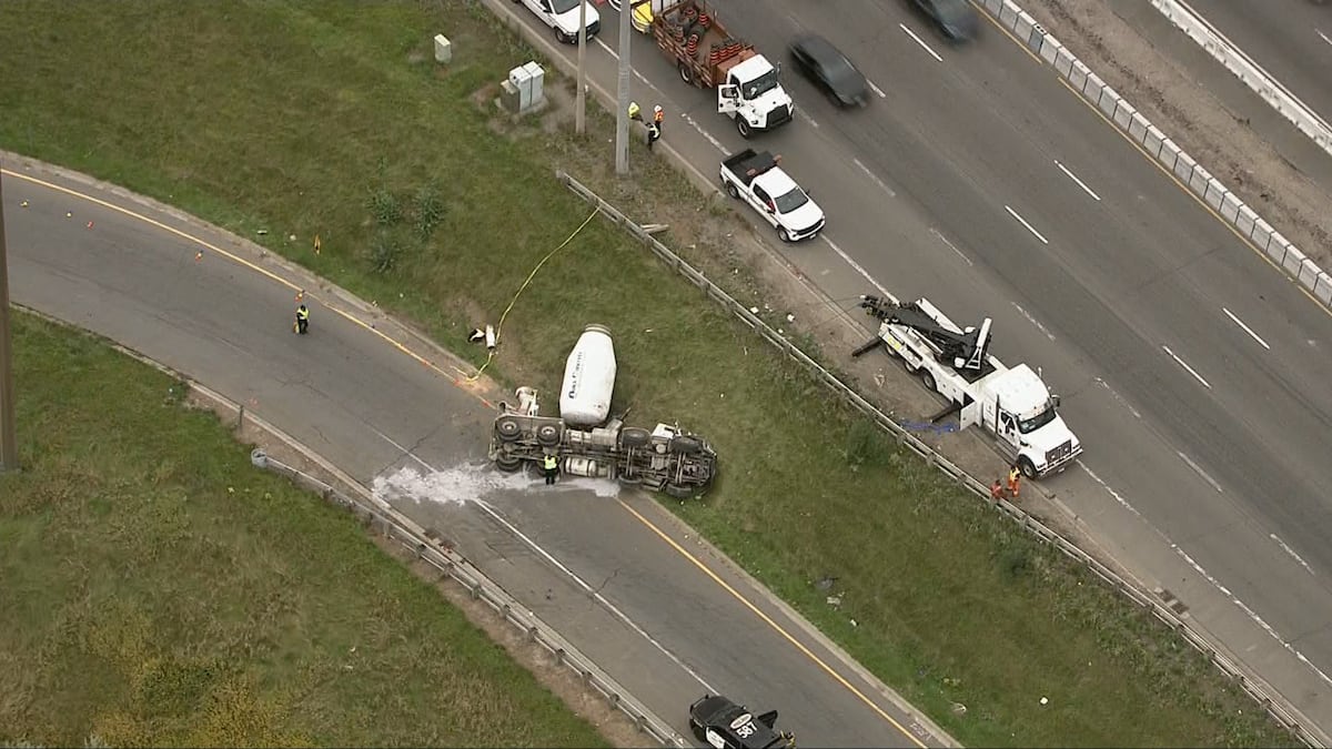 One person dead after cement truck rolled over on Ontario highway