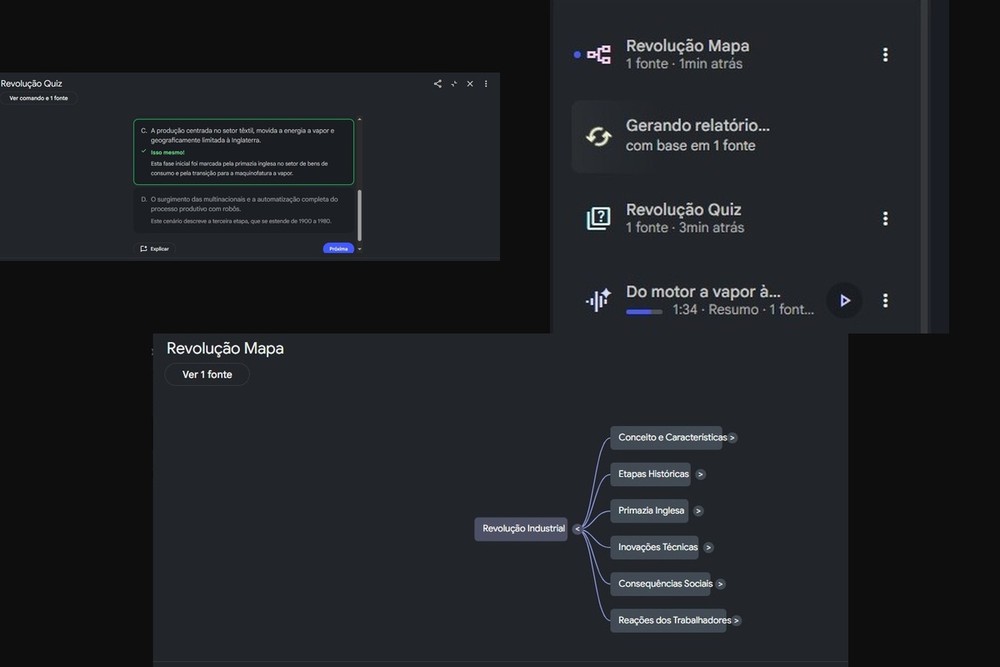 Aba de Estúdio no Gemini Notebook oferece uma série de funções que vão de quizzes e mapas mentais, até resumos em áudio e vídeo — Foto: Diedrich Bader/TechTudo