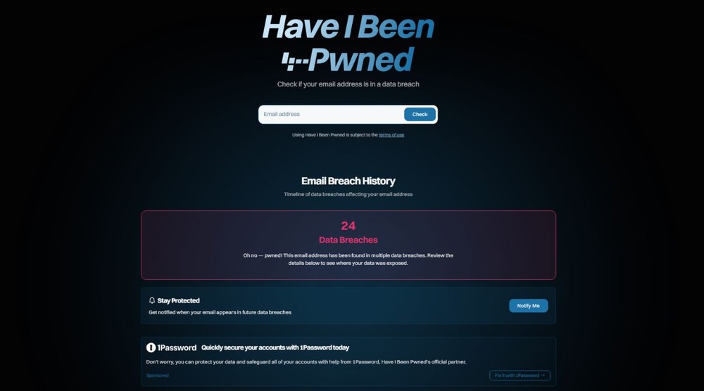 Resultado da consulta no Have I Been Pwned — Foto: Reprodução/Júlia Silveira