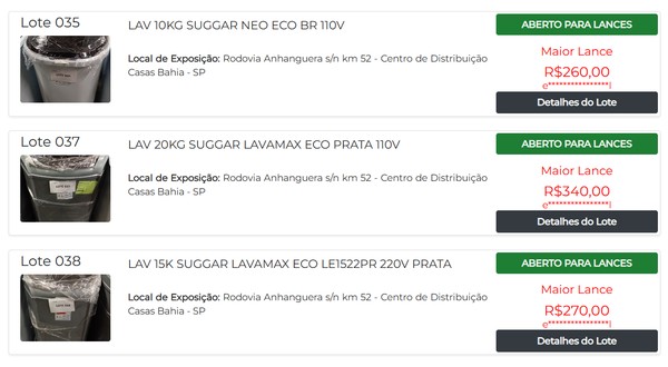 Leilão das Casas Bahia acaba amanhã (26) e tem máquinas de lavar por R$ 240