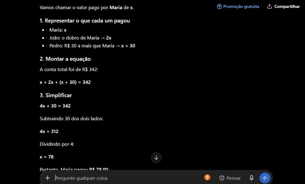 ChatGPT resolve equação matemática com passo a passo — Foto: Diedrich Bader/TechTudo