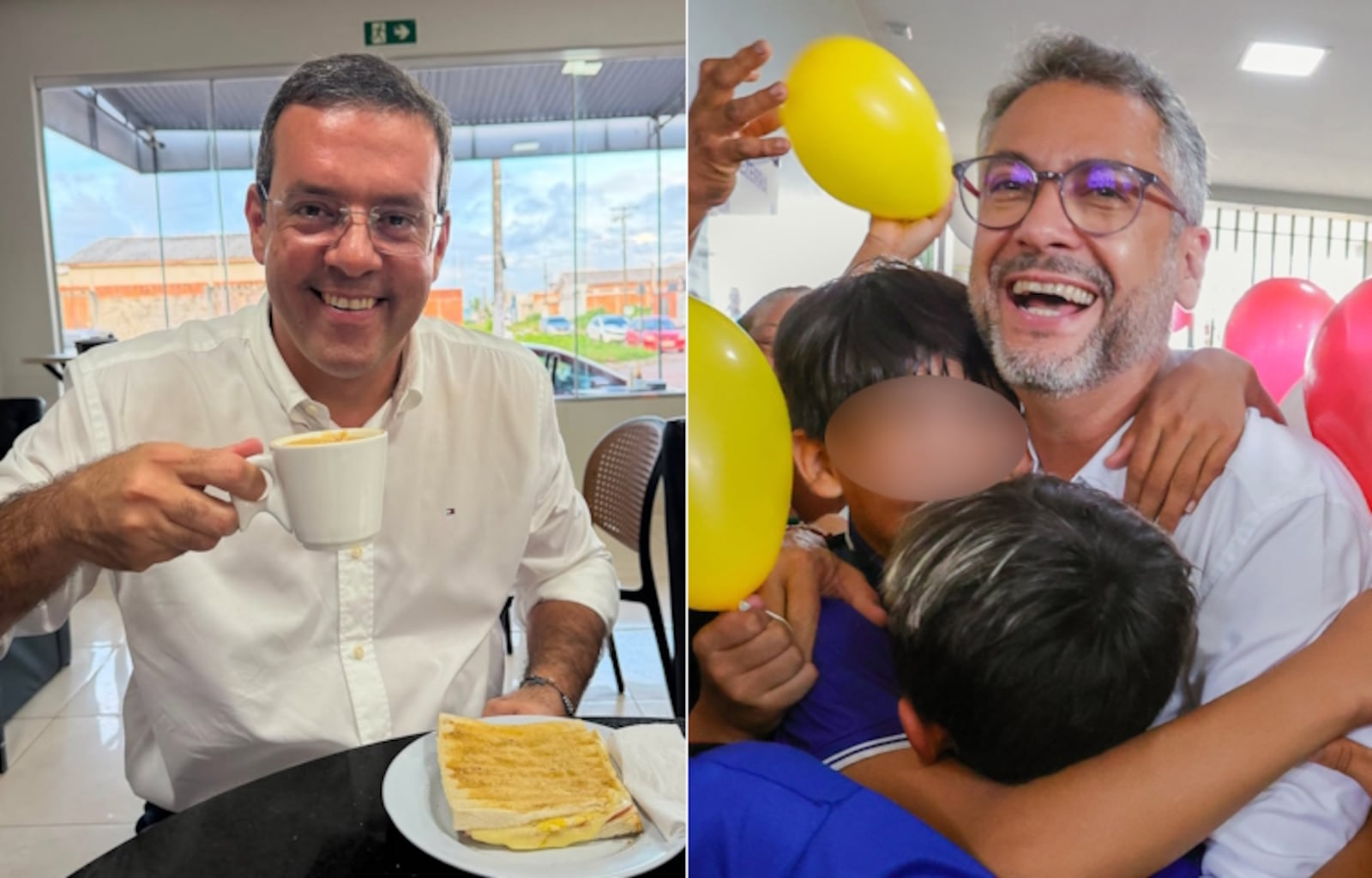 Montagem de fotos com um homem tomando café da manhã e o outro abraçado por crianças