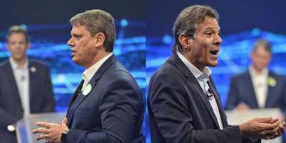 Tarc&iacute;sio e Haddad durante o primeiro debate do segundo turno de 2022. Foto: Renato Pizzutto/Band/Divulga&ccedil;&atilde;o / Estad&atilde;o