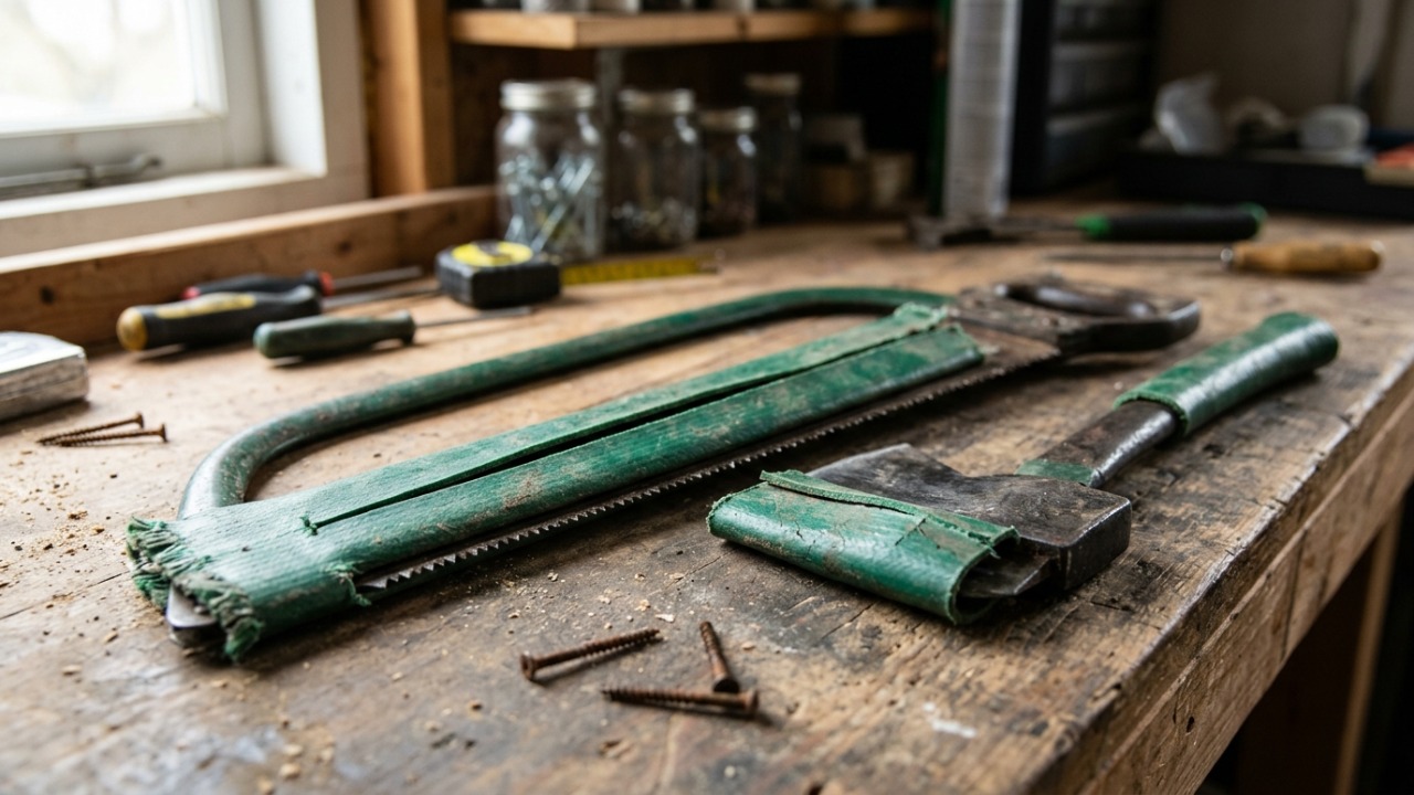 Pedaço de mangueira velha vira proteção para ferramentas cortantes com invenção que cabe em qualquer oficina