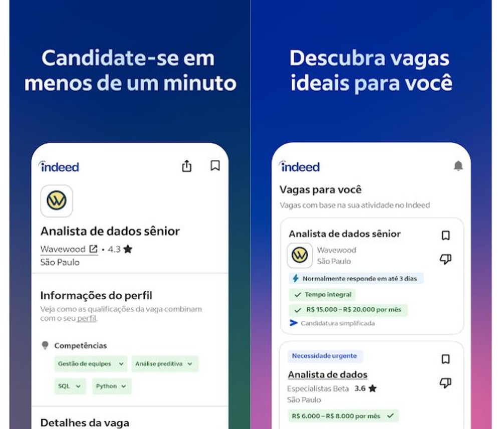 Indeed funciona como um buscador de empregos com vagas publicadas por empresas de diferentes áreas — Foto: Reprodução/Google Play Store