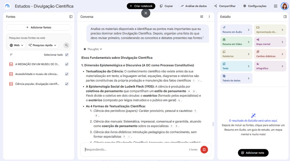 Questões criadas pelo NotebookLM para revisão — Foto: Reprodução/Júlia Silveira