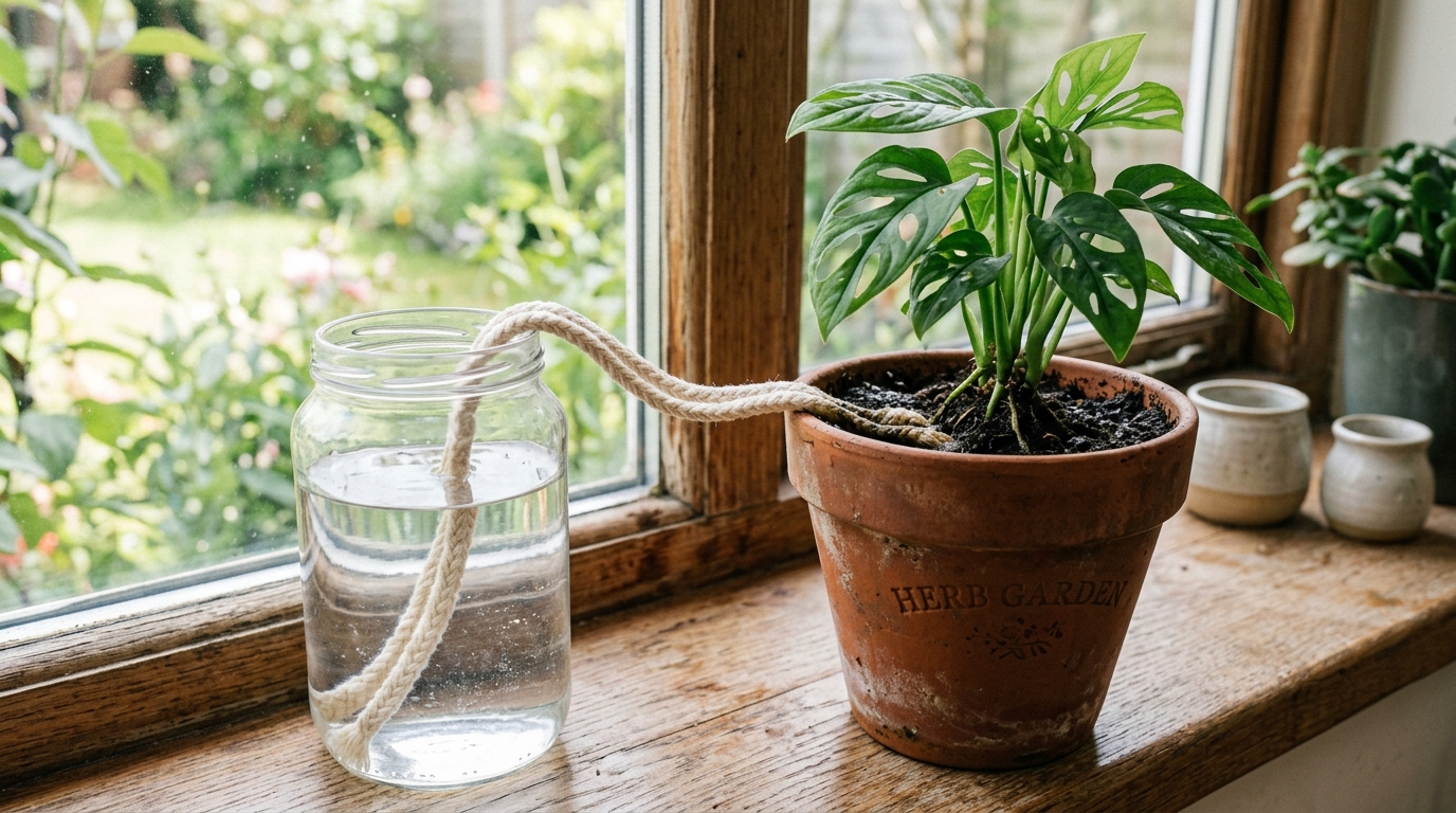 A gambiarra do barbante de algodão conectando um recipiente com água ao vaso que irriga as plantas por capilaridade: a terra puxa apenas a umidade necessária de forma contínua durante os dias de viagem, evitando que a raiz apodreça por afogamento
