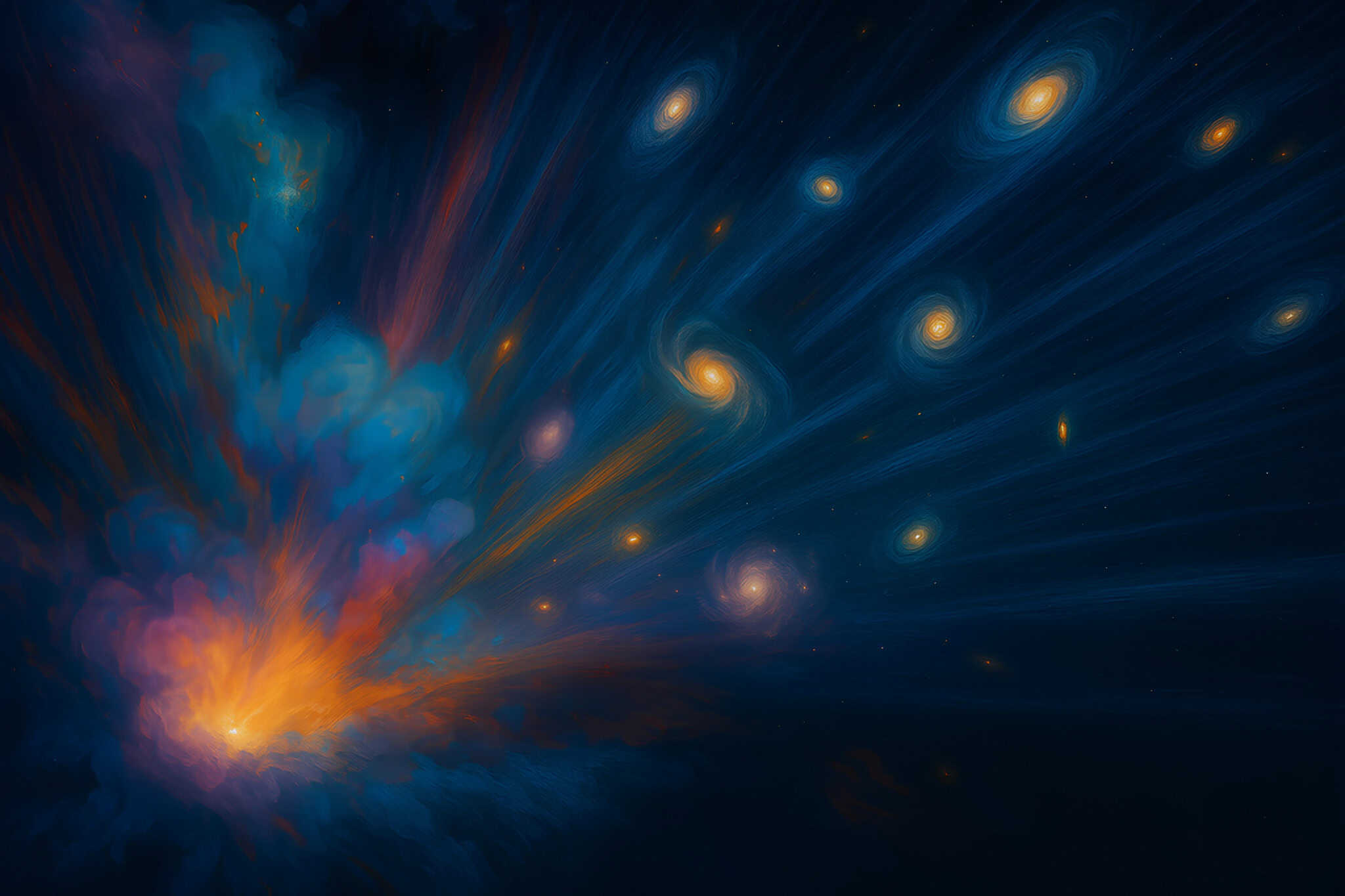 O Big Bang descreve a expansão do Universo a partir de um estado extremamente quente e denso, mas não define necessariamente o início do tempo. Imagem: Flavia Correia/ChatGPT