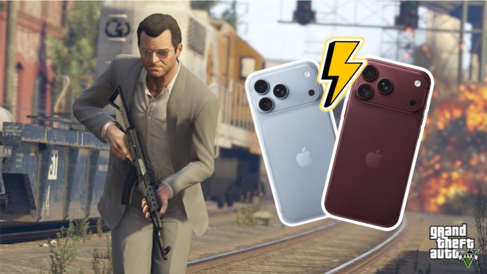 iPhone 18 Pro Max roda GTA 5 com desempenho de PC gamer; veja teste — Foto: Divulgação/GTA/Apple (arte feita pelo TechTudo)