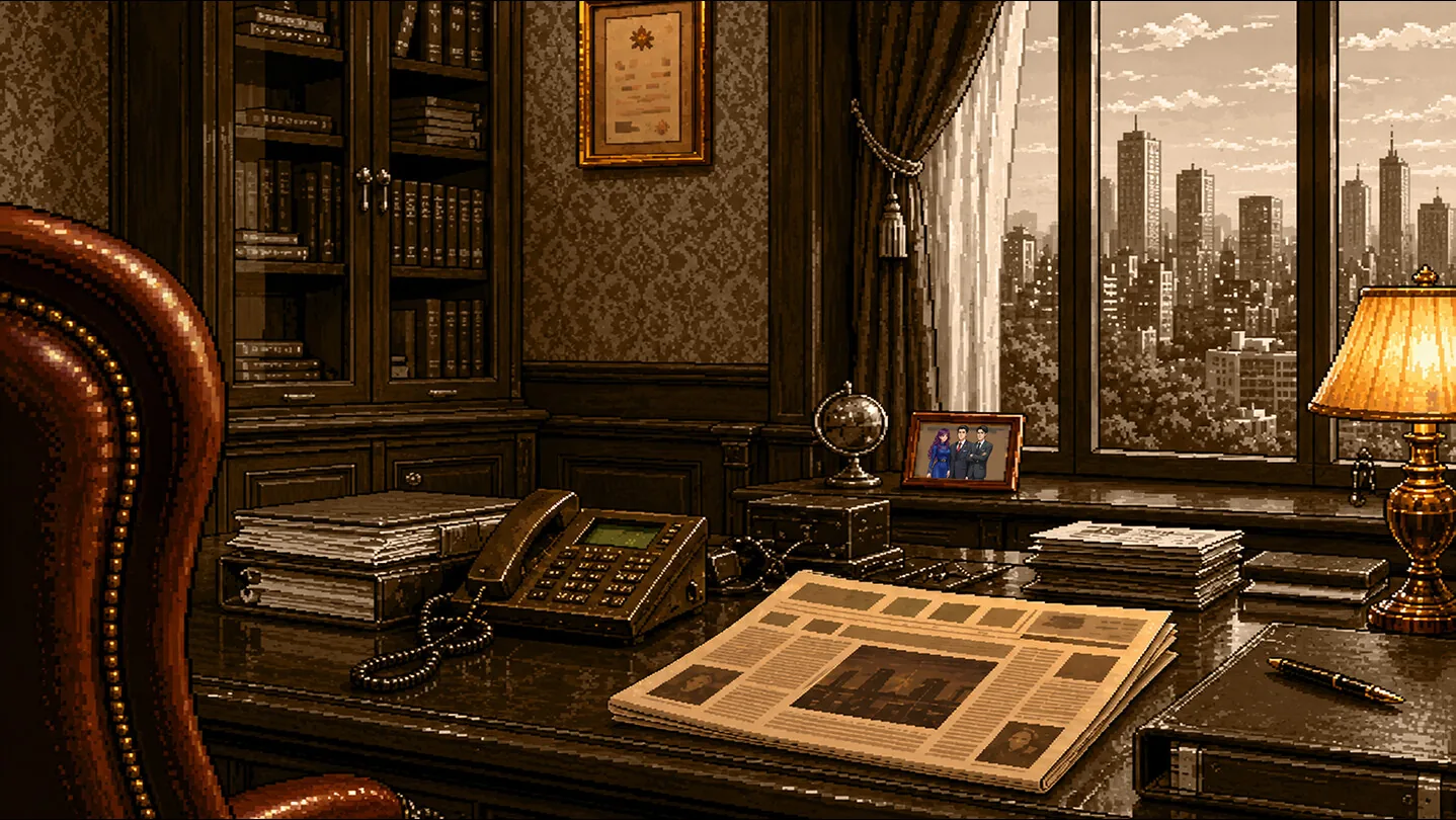 Key art for The Prime Minister's Crest: Path to Power, the pixel-art political simulation text adventure exhibiting at Tokyo Game Show 2026