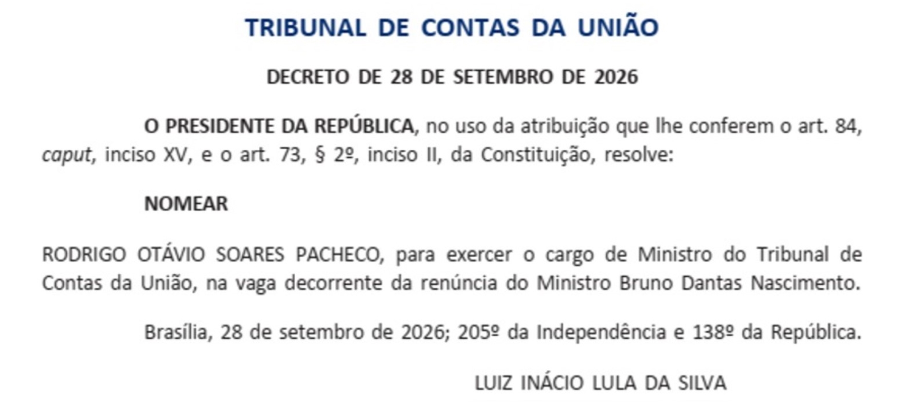 Rodrigo Pacheco tem nomeação como ministro do TCU publicada no DOU
