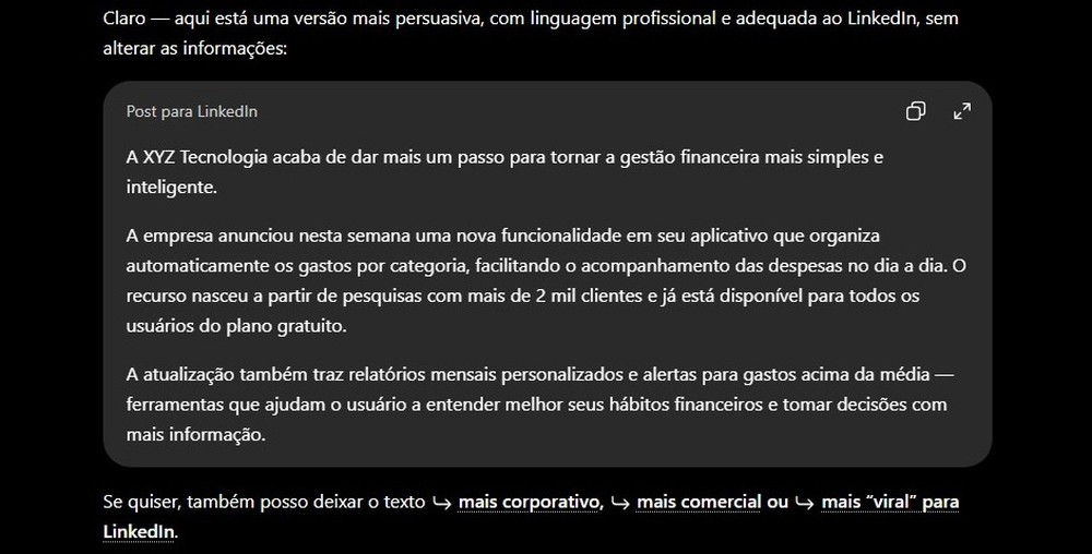 Texto adaptado para LinkedIn feito pelo ChatGPT — Foto: Diedrich Bader/TechTudo