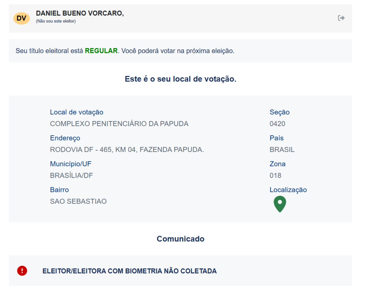 Captura de tela da consulta de local de vota&ccedil;&atilde;o disponibilizada pelo Tribunal Superior Eleitoral mostra novo local onde Daniel Vorcaro vai votar em 2026
