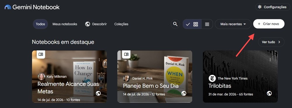 Acesse o Gemini Notebook (antigo NotebookLM) e crie um novo notebook — Foto: Diedrich Bader/TechTudo
