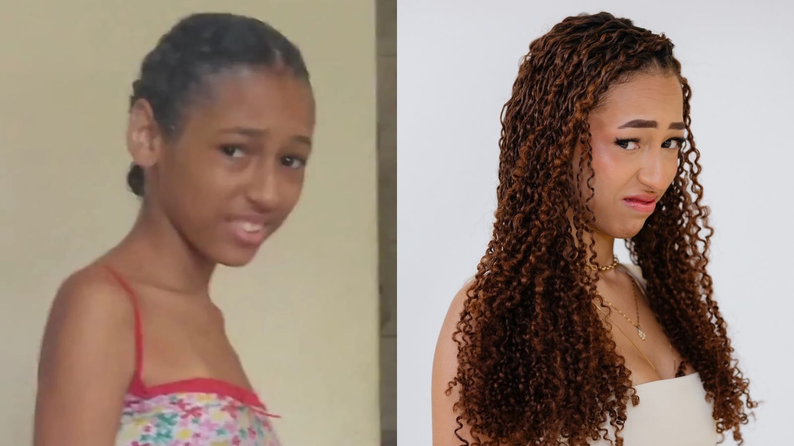 Montagem com duas fotos da mesma pessoa em momentos diferentes, lado a lado, destacando mudança na aparência e no cabelo