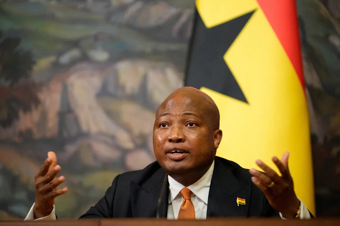 FILE PHOTO: Ghana’s Foreign Minister Samuel Okudzeto Ablakwa speaks during a joint news conference with Russian Foreign Minister Sergey Lavrov following their meeting at Zinaida Morozova's Mansion in Moscow, Russia, August 17, 2026. Alexander Zemlianichenko/Pool via REUTERS/File Photo