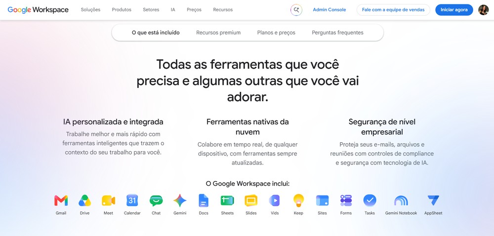 O Google Chrome também é nativamente integrado ao Workspace, o que pode ser ótimo para as empresas que usam ferramentas Google — Foto: Reprodução/Erika Martins (captura de tela da página do Google)