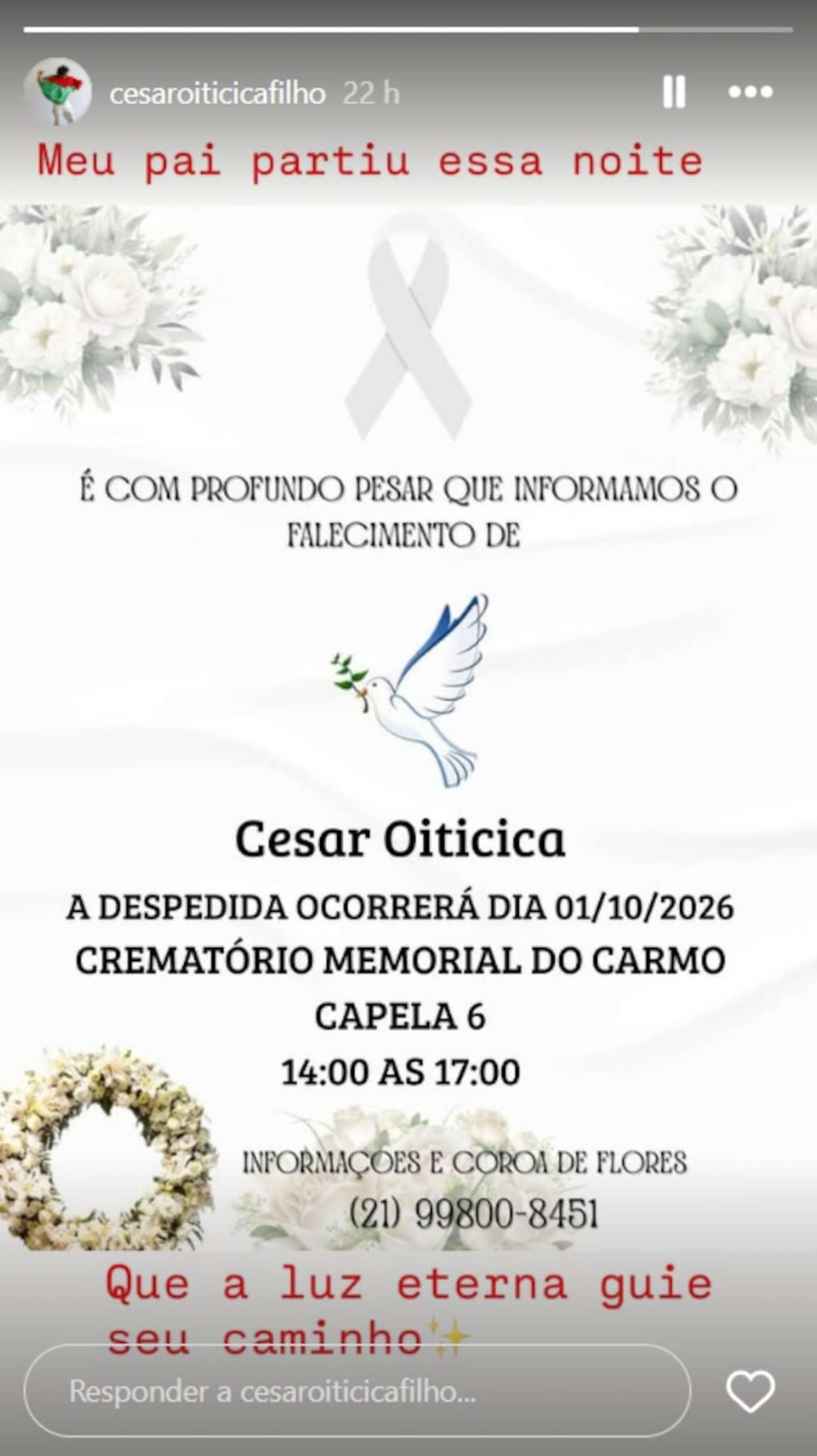 Despedida de César Oiticica será realizada nesta quinta-feira, 1º, no Rio de Janeiro
