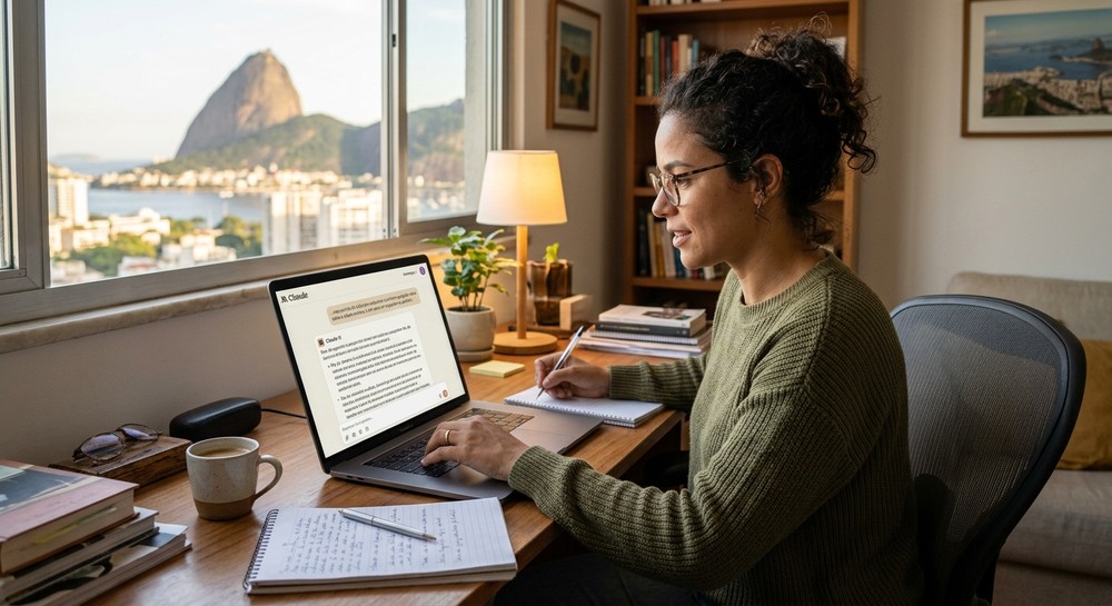 Pessoa usando a IA Claude para produzir textos — Foto: Imagem gerada pelo Gemini