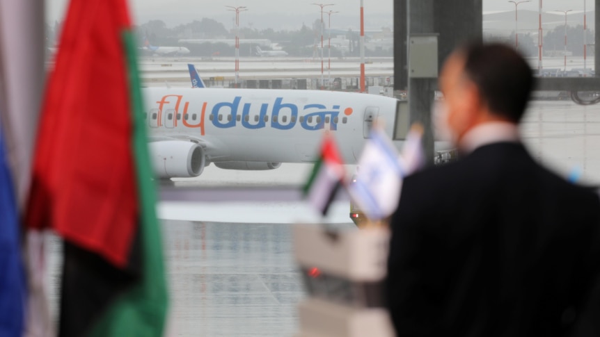 A flydubai aircraft is seen through an airport window, next to which stands the UAE flag and a man.