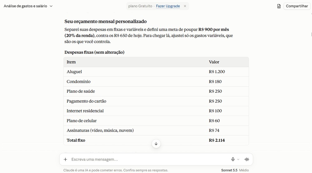 Orçamento mensal personalizado pelo Claude — Foto: Captura de tela / Eduarda Melo