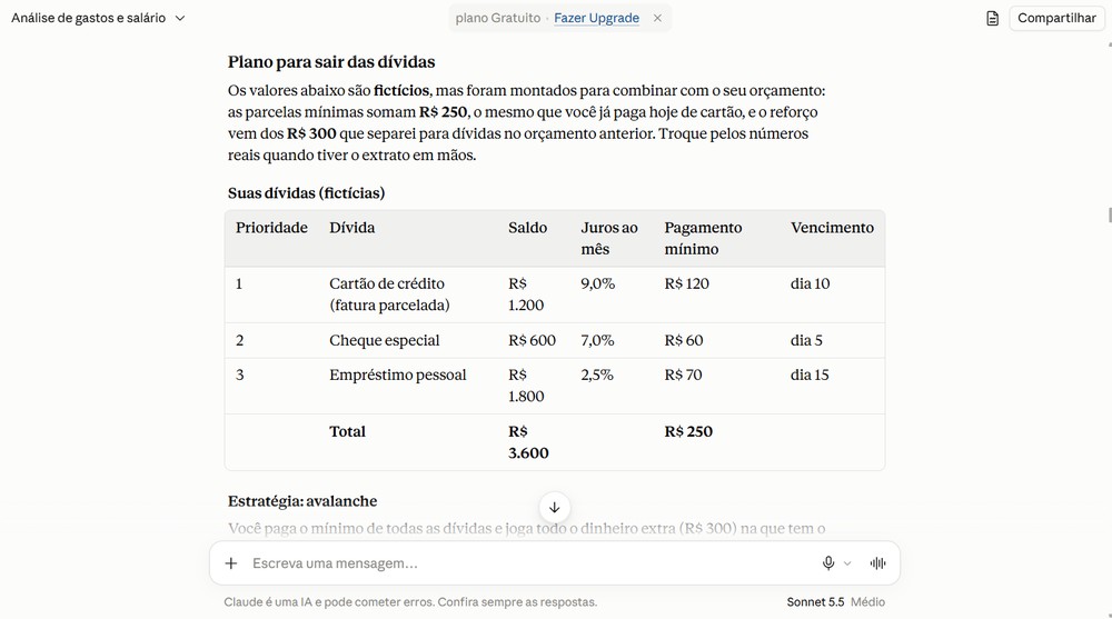 Plano para sair das dívidas criado pelo Claude — Foto: Captura de tela / Eduarda Melo