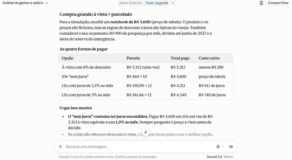 Análise financeira feita pelo Claude — Foto: Captura de tela / Eduarda Melo