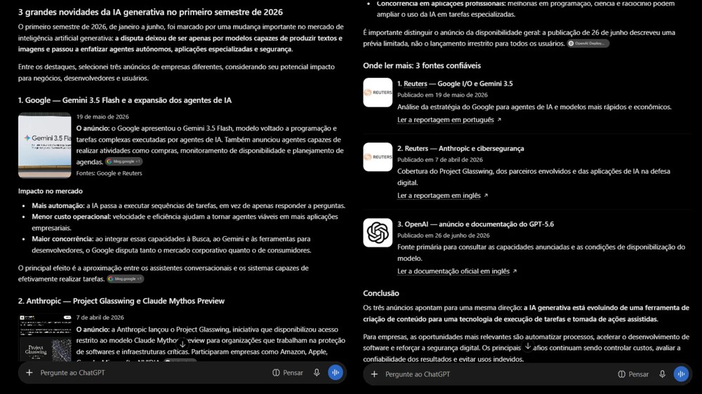 ChatGPT gratuito trouxe menos detalhes em relação a versão paga — Foto: Reprodução/Erika Martins