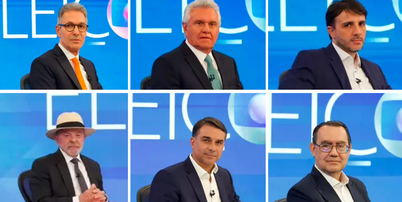 Romeu Zema (Novo), Ronaldo Caiado (PSD), Renan Santos (Missão), Lula (PT), Flávio Bolsonaro (PL) e Augusto Cury (Avante), candidatos à Presidência da República Foto: Reprodução/TV Globo